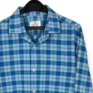 Mizzen + Main Men's 2XL Trim Fit Wicking Stretch Button Up Plaid Shirt Blue